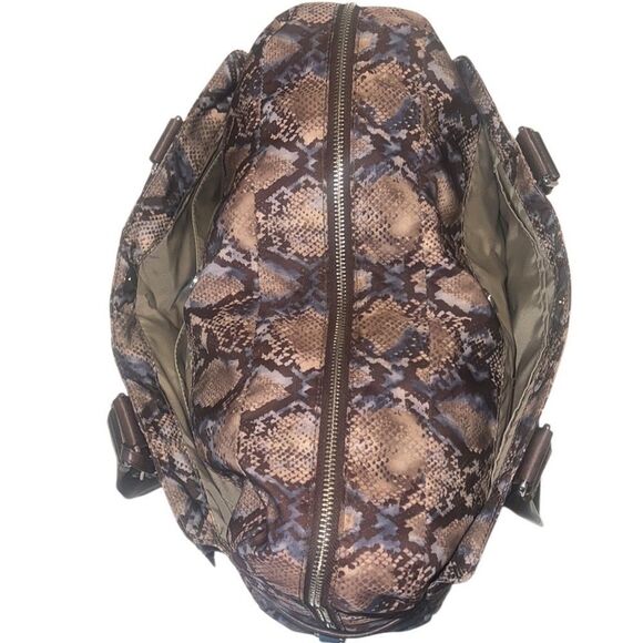 Tumi Brown and Blue Nylon Leather Snakeskin Print Weekender Bag Tote - Picture 6 of 12